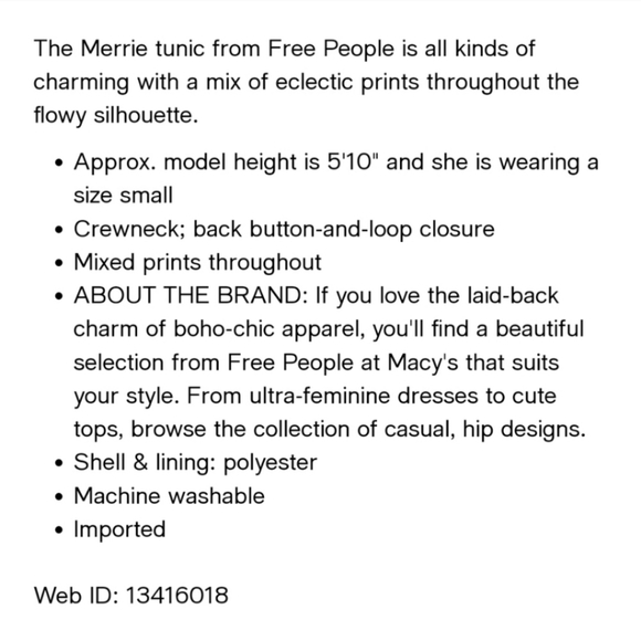 Free people Merrie Mixed-Print Tunic size s new - Picture 11 of 14